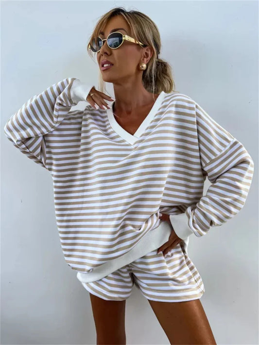 Ladies Striped Sport Two-piece Set Casual Long Sleeved V-neck Sweatshirt And Shorts Oversized And Very Comfortable