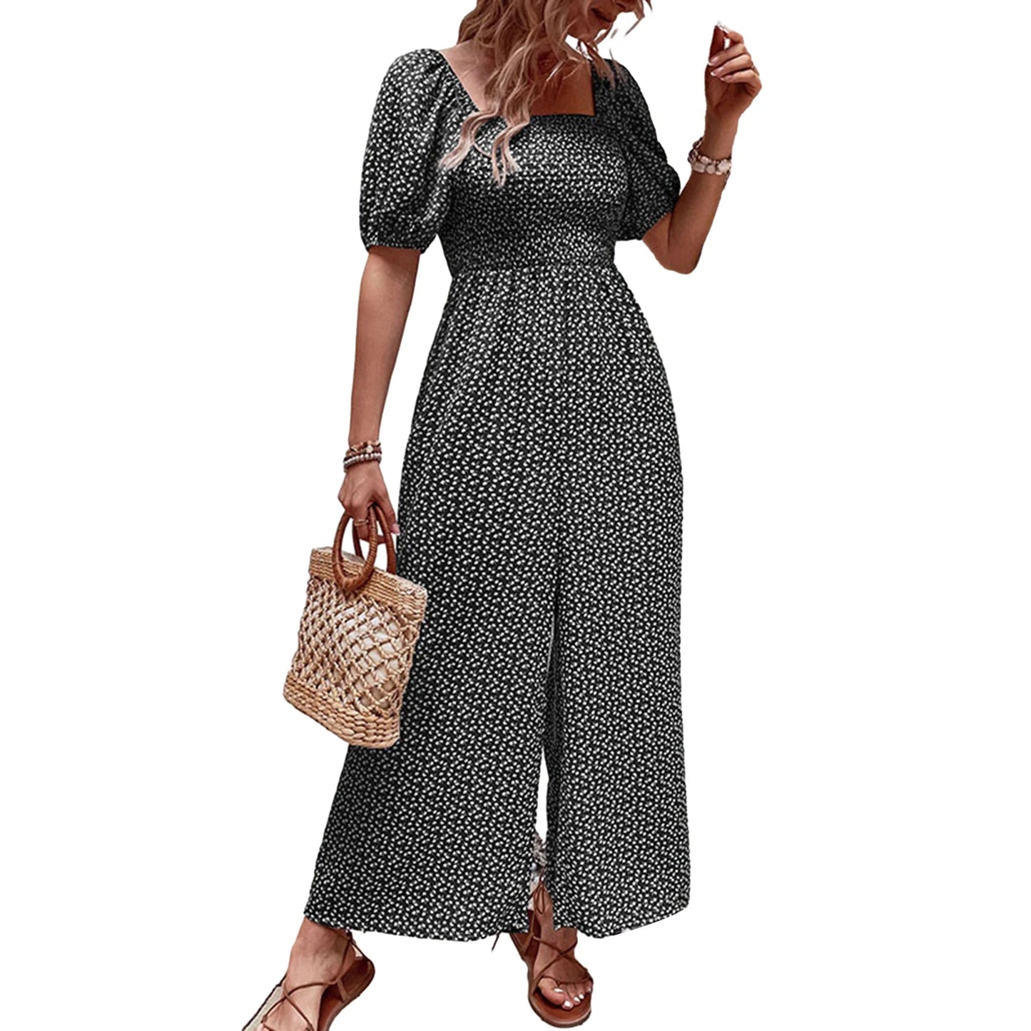 Elastic Waist Jumpsuit Stylish Women's Floral Print Wide-leg for Summer.  S-XL