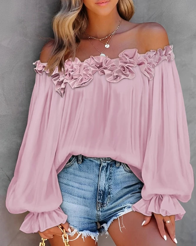 Spring Summer Women's Blouse Solid Colour Pleated Loose Ruffle Hem Lantern Sleeve Top Off Shoulder Shirt