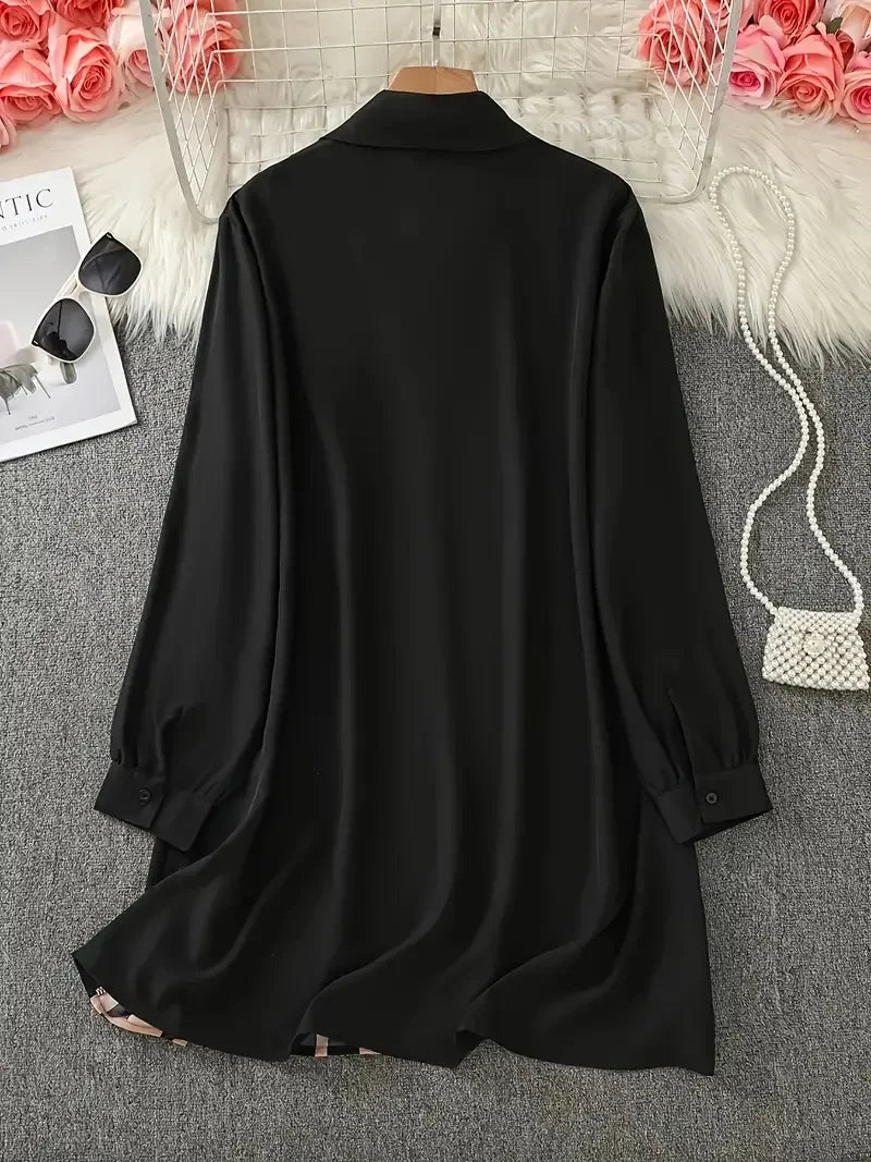 Plus Size 1XL-5XL Women's Elegant Button-Up Shirt with Geometric Print and Black Accents Long Sleeve Shirt.
