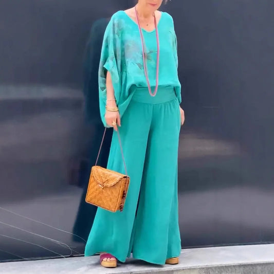 Casual Two Piece Women Spring and Summer Flower Print Short Sleeve Shirt Wide leg Trousers Fashion Suit.  S-3XL
