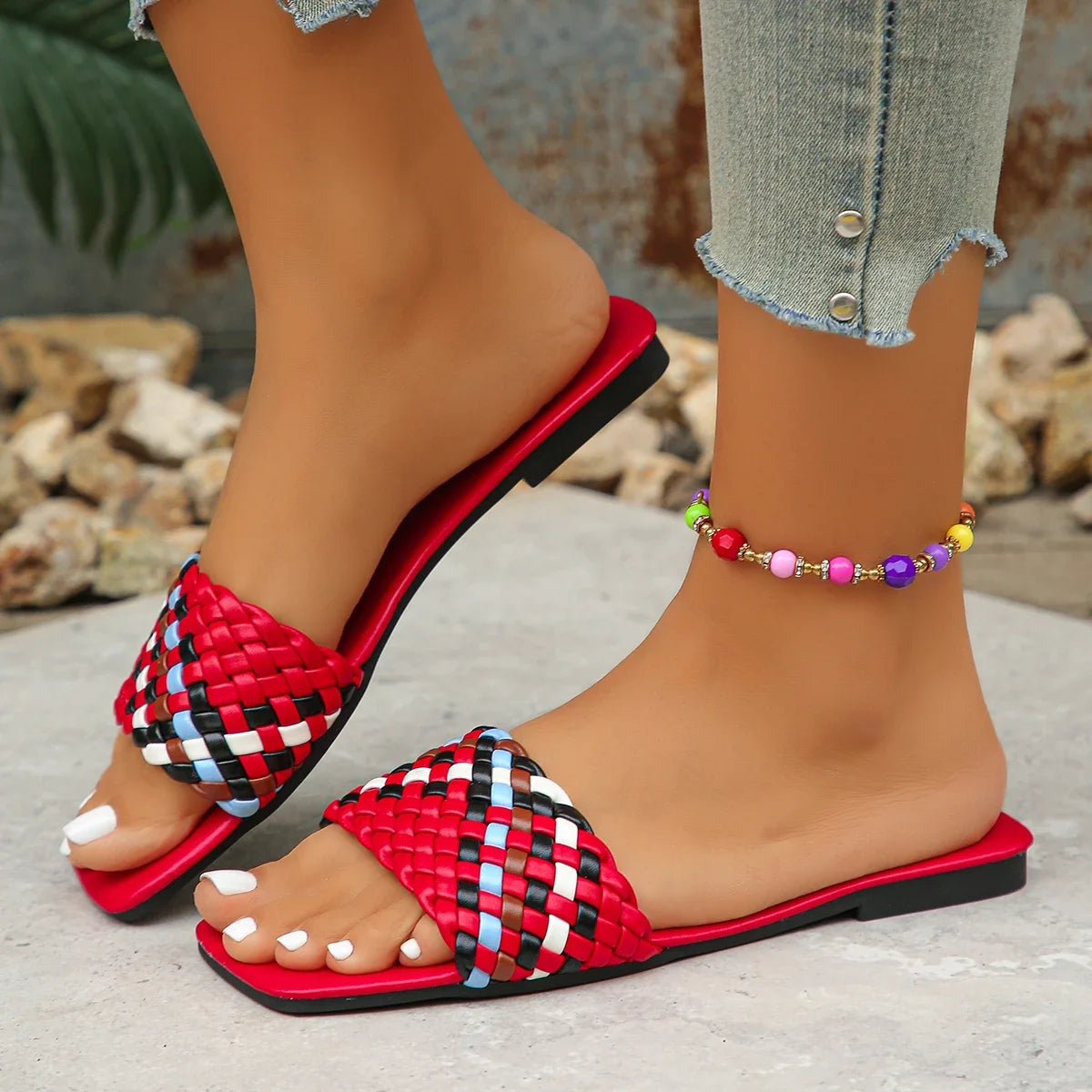 Women Summer Fashion Mules Casual Braided Square Toe Flat Sandals -Slides .