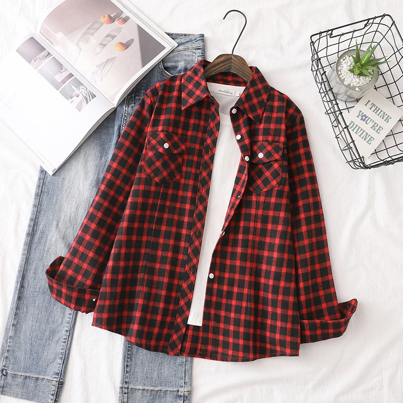 Cotton Flannel Plaid Casual Slim Fit Long Sleeve Top.  XS-3XL
