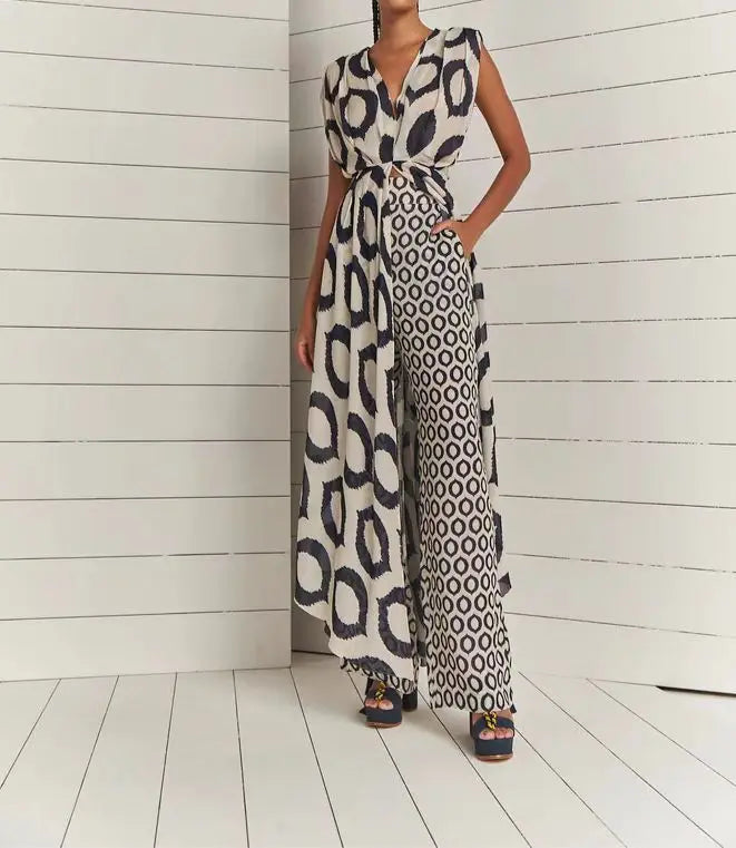 Boho Two-piece Women's Elegant Printed Sleeveless V-Neck Lace Loose Pants Suit