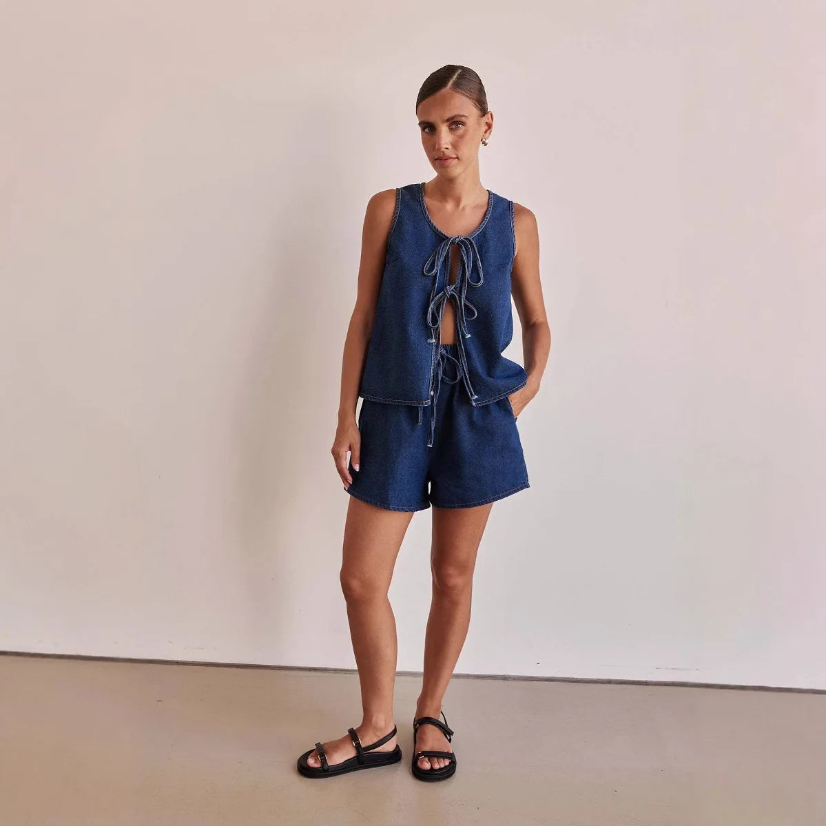 Denim 2 Piece Casual 2025 Sleeveless Tank Top Lace Up High Waist Shorts Suit.  S-XXL