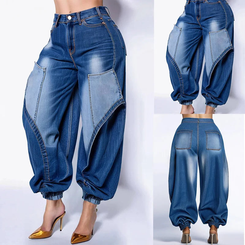 Plus Size Women's Jeans Cargo Style High Waist Blue Denim Pants with Pockets 2025.. Xl-5x