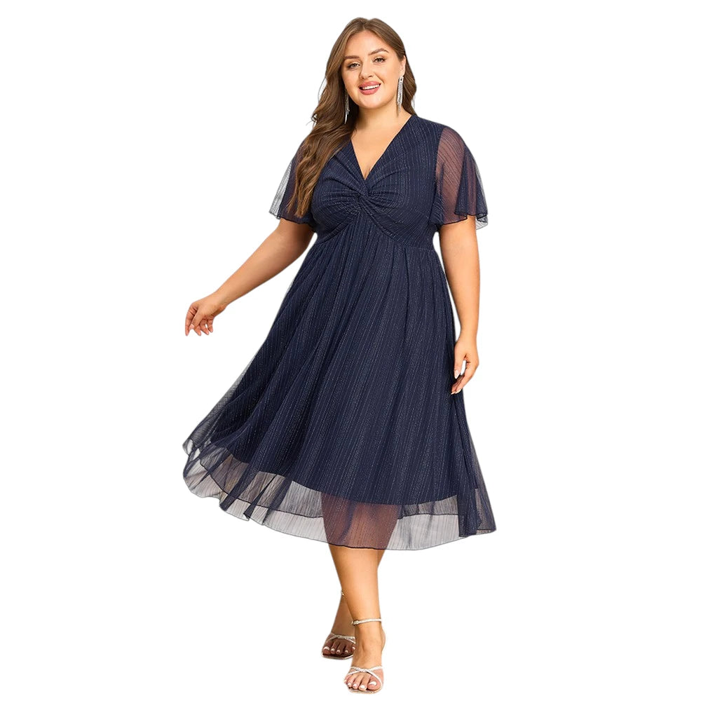 Plus Size Women's V-Neck Solid Elegant Evening Party Dress.