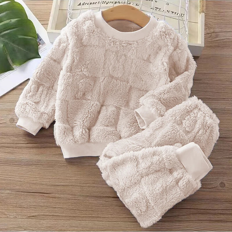 Autumn and Winter Flannel Children's Unisex Plush Thick Warm Lounge/Sleep Wear Set