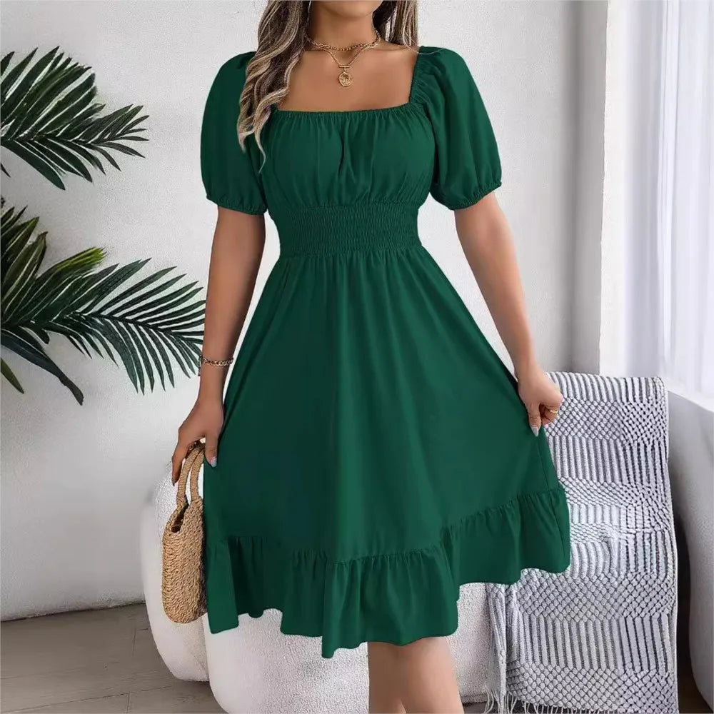 Women's Summer Casual Square Neck Short Sleeved Ruffle Edge Dress