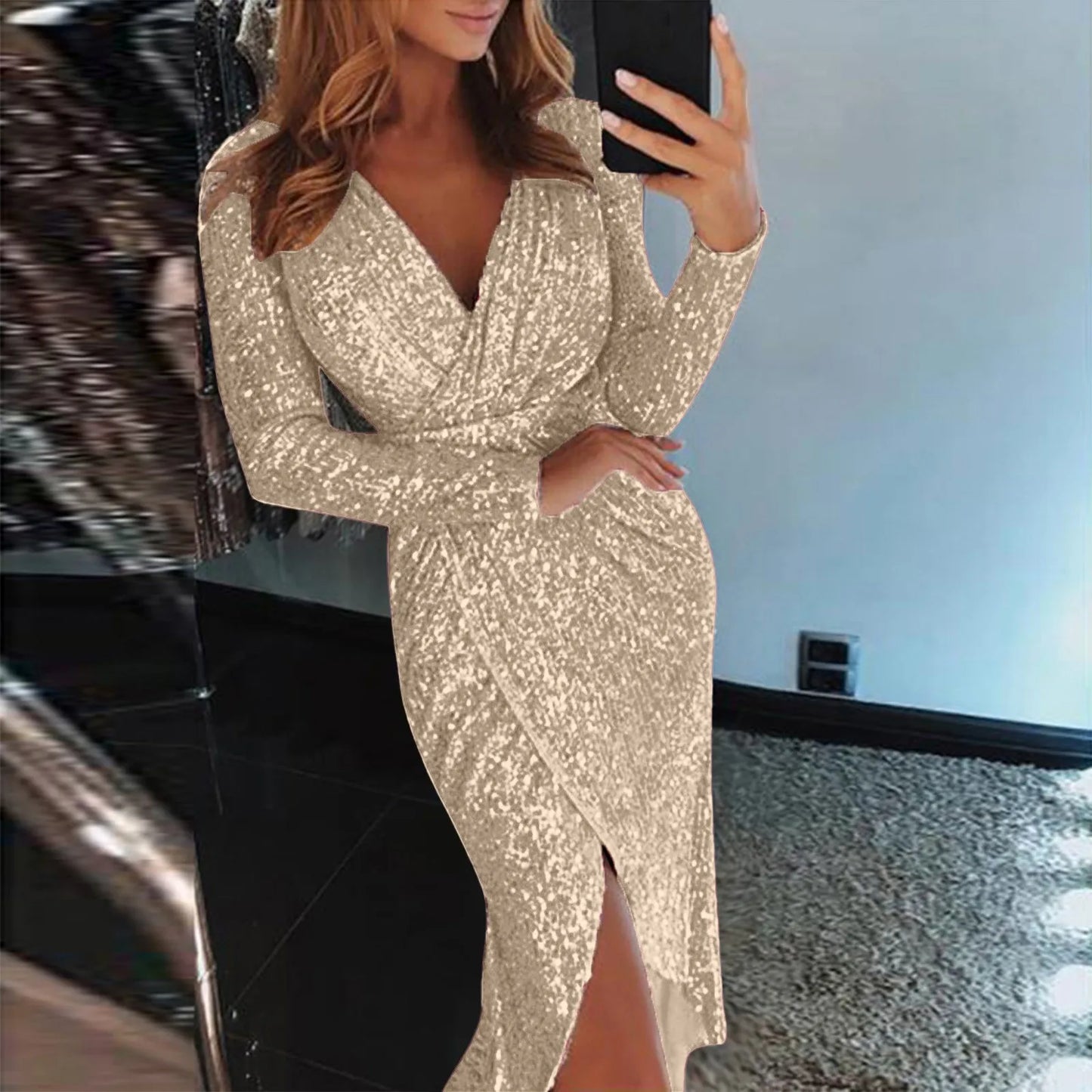 Womens Party Dresses Sexy Deep V Sequins Ruched Long Sleeved Formal Dress.  S-2X