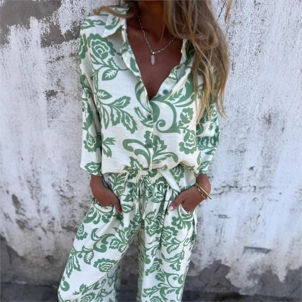 Women's Printed Long-sleeved Shirt And Pants 2piece Elastic Waist Pocket Pants Casual Suit.  S-3X