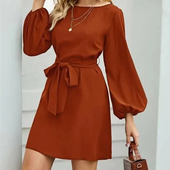 Hot Sale Of The Season New Women's High Waist Midi Dress Pure Color Slimming Commute Friendly Overhead Design Long Sleeve round