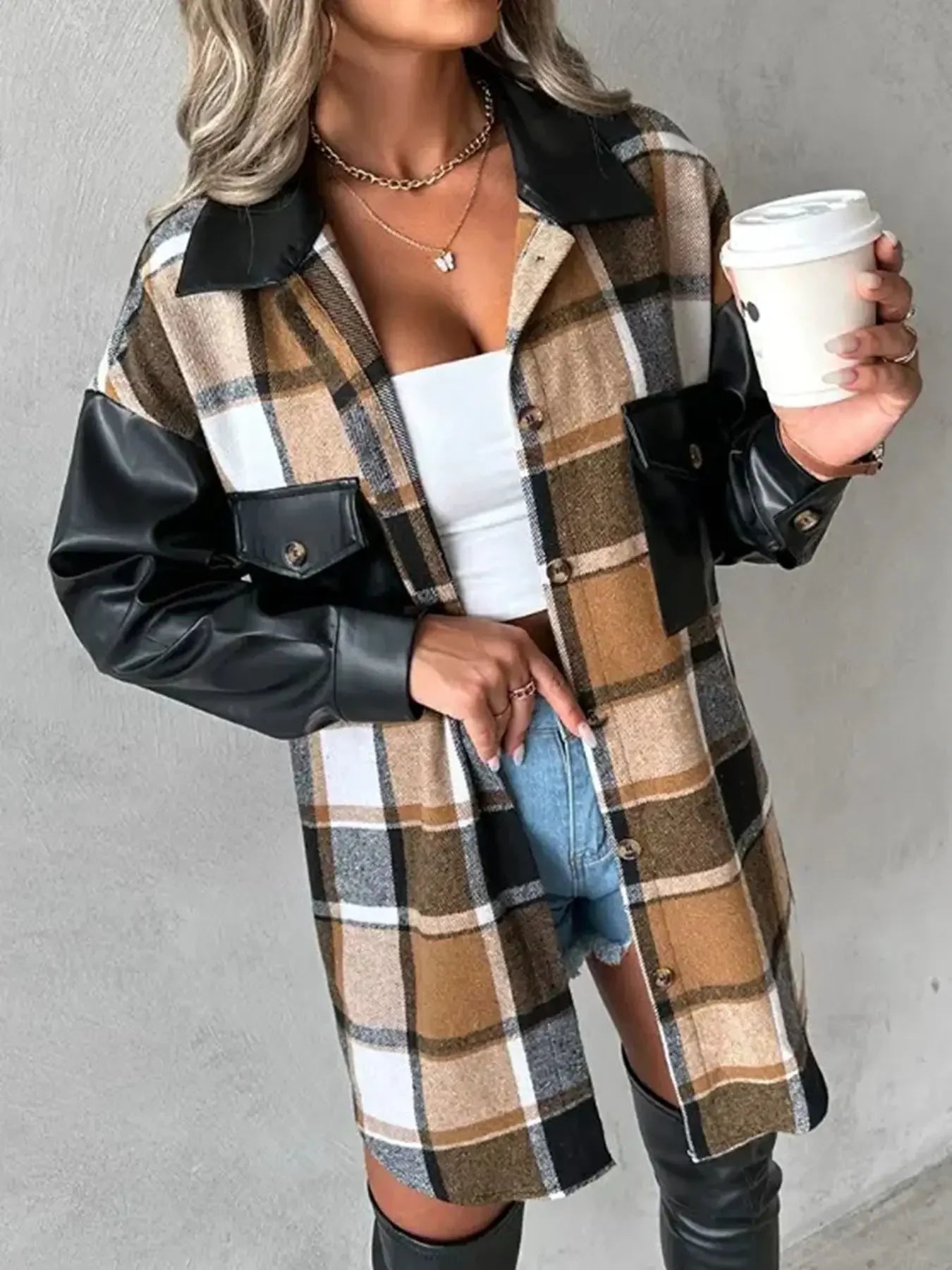 Plus Size Women's Autumn and Winter Plaid Lapel Casual Long Sleeved Pocket Fashionable Loose Fit Patchwork Jacket