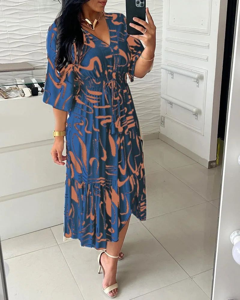 Long Dress Printed Elegant Women Elastic Waist Casual Half Sleeve A-line Dress.  S-3X
