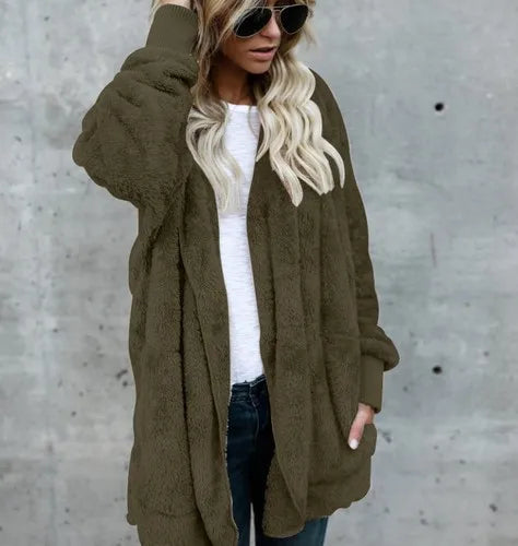 Double Fleece Cardigan Solid Colour Long Sleeve Plush Warm Hooded Lady Oversized Outerwear Coat.  S-5X