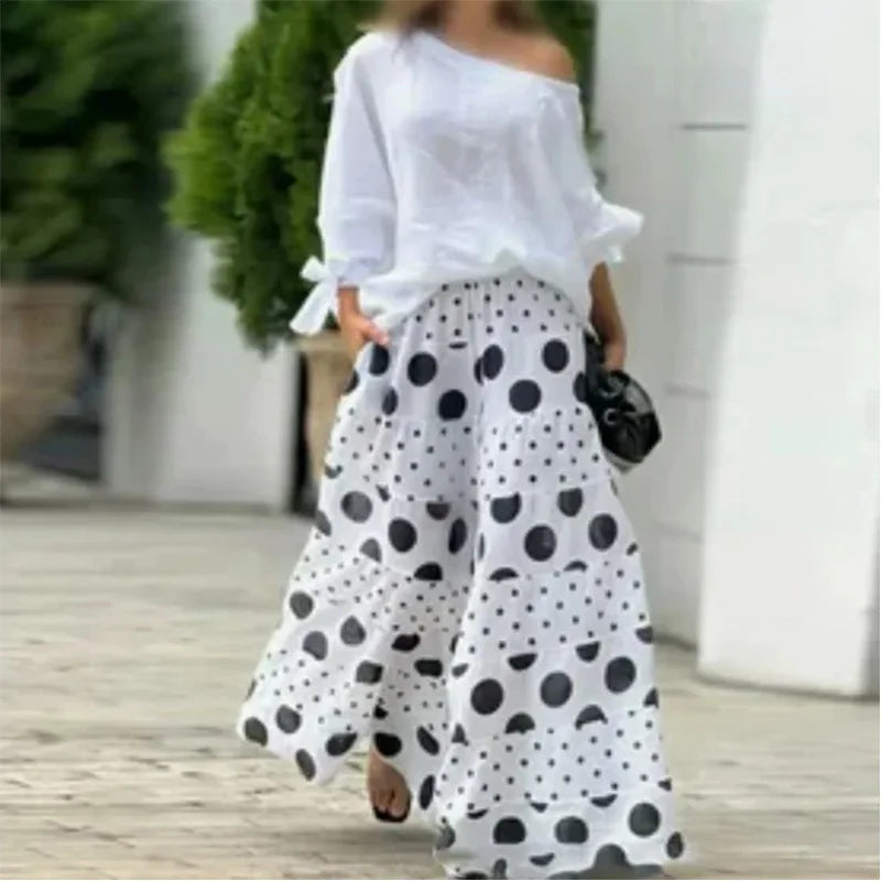 Ladies Spring And Summer Elegant Fashion Print Two-Piece Set Casual Off-Shoulder Long-Sleeve Solid Top.