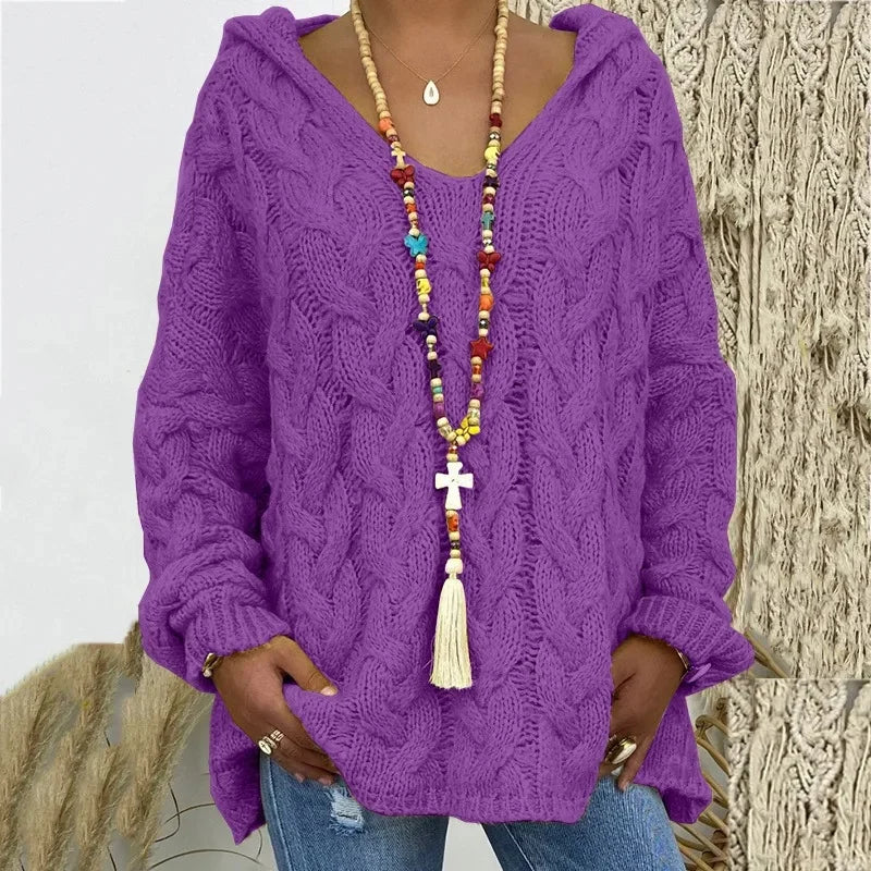 Women's Cable Knit Hooded Sweater - Cozy Pullover (S-5X)