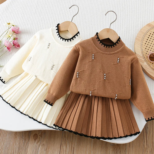 Girls' 2-Piece Beaded Sweater & Pleated Skirt Set - Autumn Outfit Ages 9M-5Y