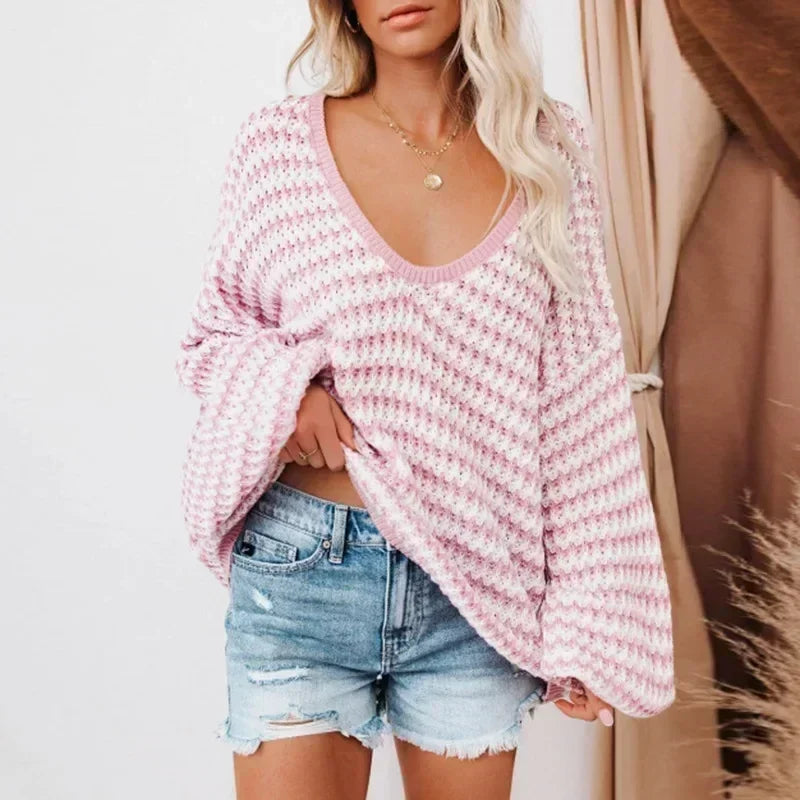 2025 Women Pullover Sweater Casual Knitted Fashion Loose V Neck Striped Fall Winter Top .  S-2X