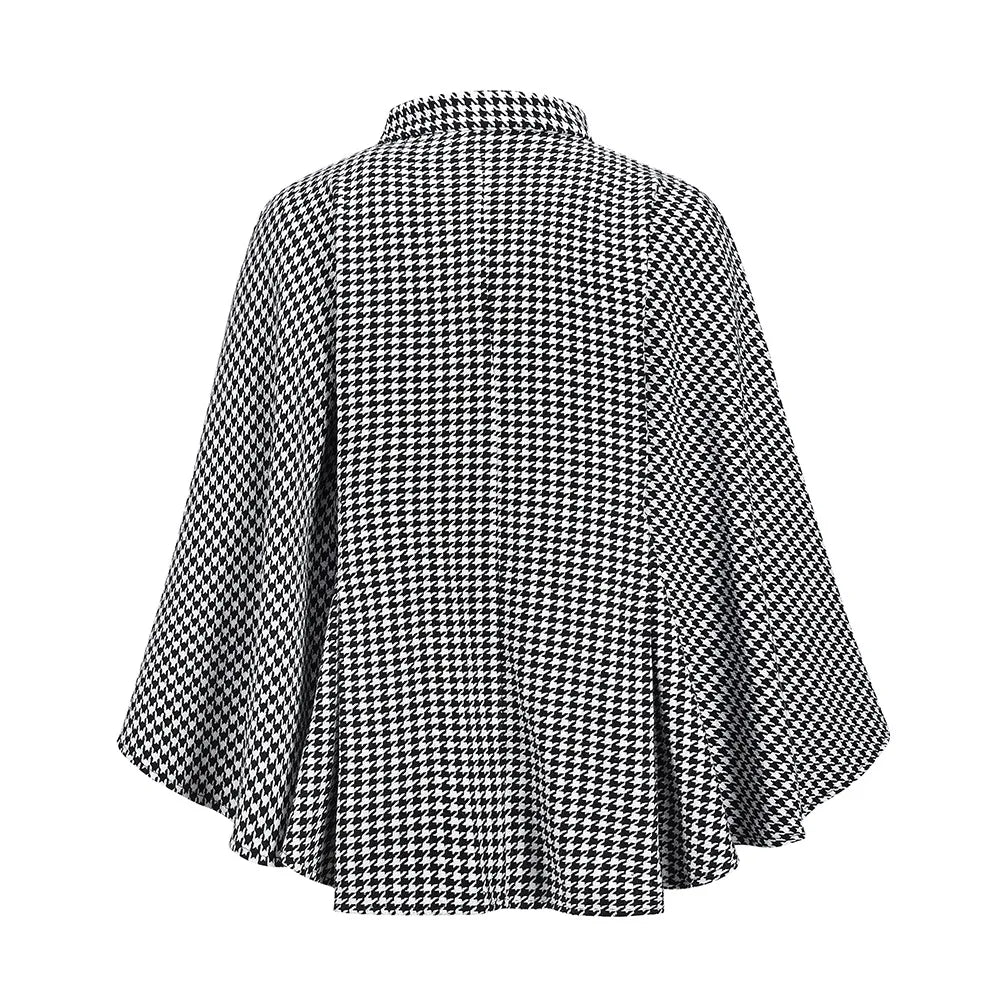 Coat Fashion Hounds tooth Print Half-high Collar Lace Up Bat Wing Elegant Women's Clothing.  One -Size