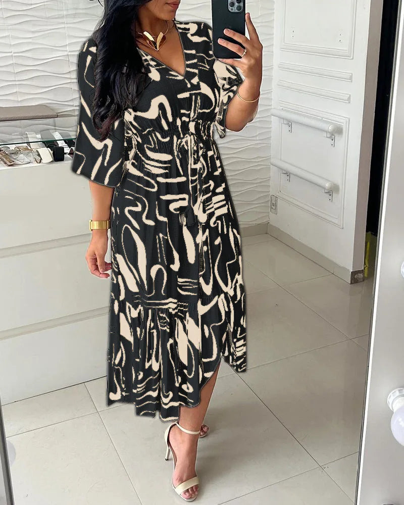Long Dress Printed Elegant Women Elastic Waist Casual Half Sleeve A-line Dress.  S-3X
