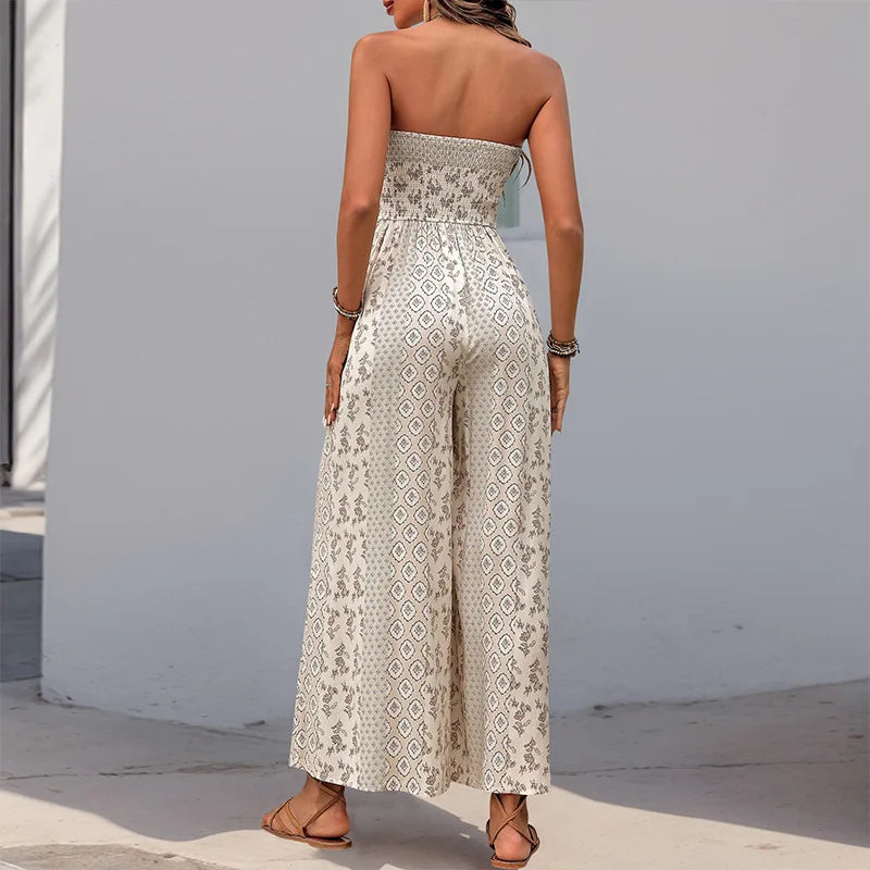 2025 New Summer Women's Jumpsuit Striped Flower Print Sleeveless Backless Elastic High Waist Loose Wide Leg Pants Jumpsuit