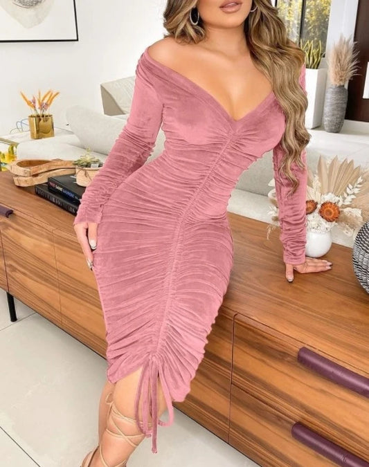 Elegant Dress for Women Long Sleeve Tight V-Neck Golden Velvet Sexy Party Night Out Dress.  S-2x