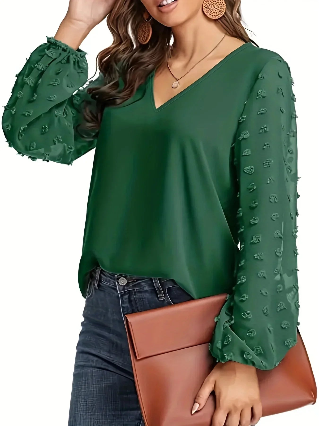 Plus Size 1XL-5XL Women's Polka Dot Sleeved Long Sleeved Casual V-neck Solid Colour Sleeves Semi Transparent Shirt