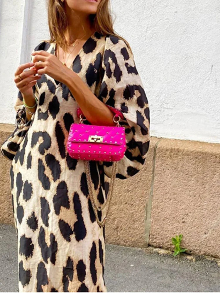 Leopard Printed Lantern Long Sleeved Women's Loose V-neck High Street Elegant Casual Dress.  S-2X