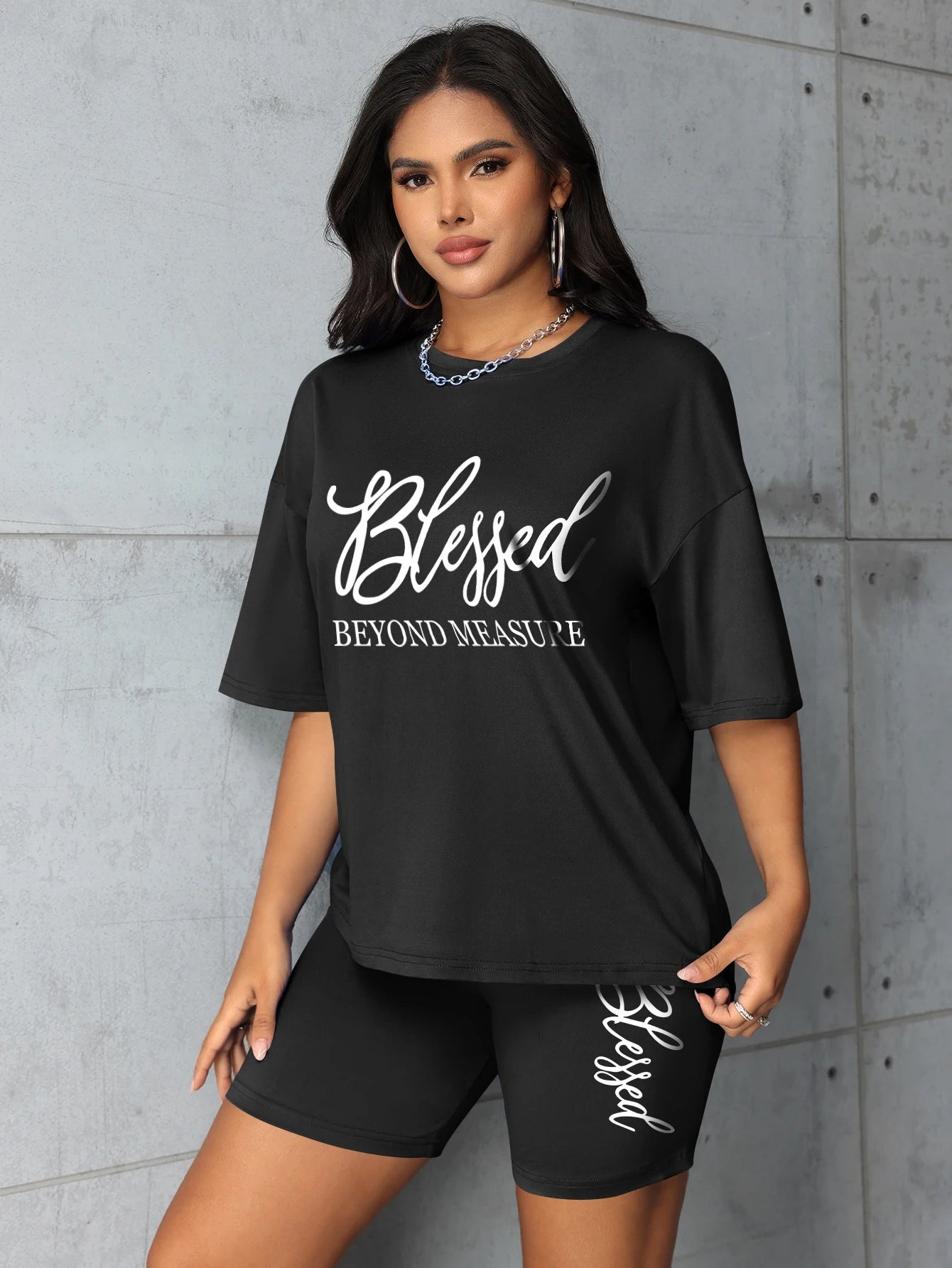 Plus size set for women Summer 2 pieces Blessed printed women's set