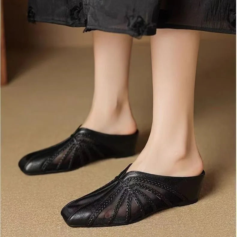 Women's Mesh Hollow Splicing Wedge Heel Mules Shoes Summer Cool and Comfortable Breathable Inner Height Increase Baotou Slippers