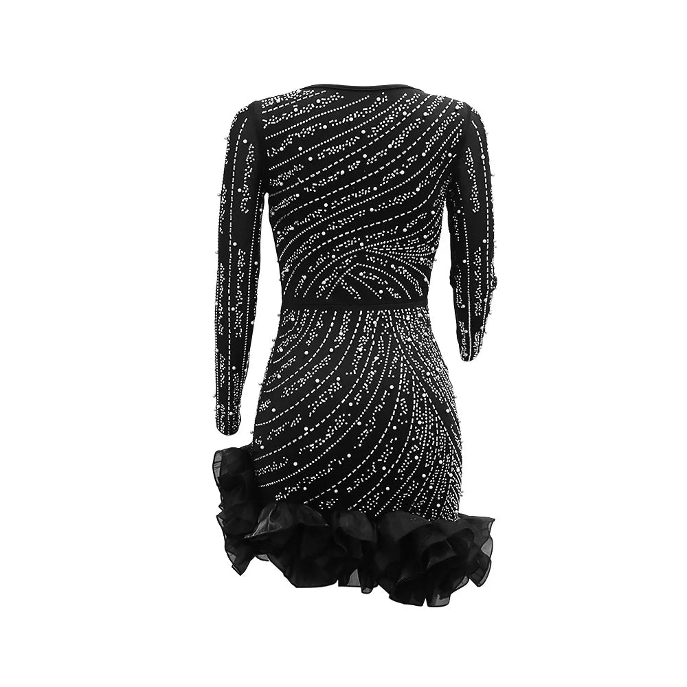 Long Sleeve V Neck Sexy Glittering Diamond Bodycon Mini Dress. S-2xL