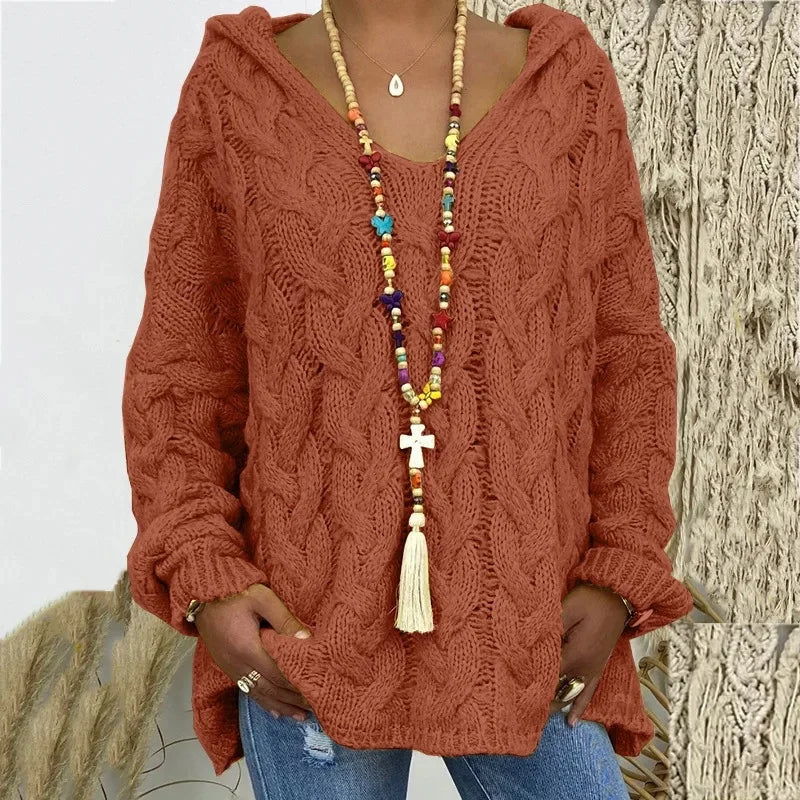 Women's Cable Knit Hooded Sweater - Cozy Pullover (S-5X)