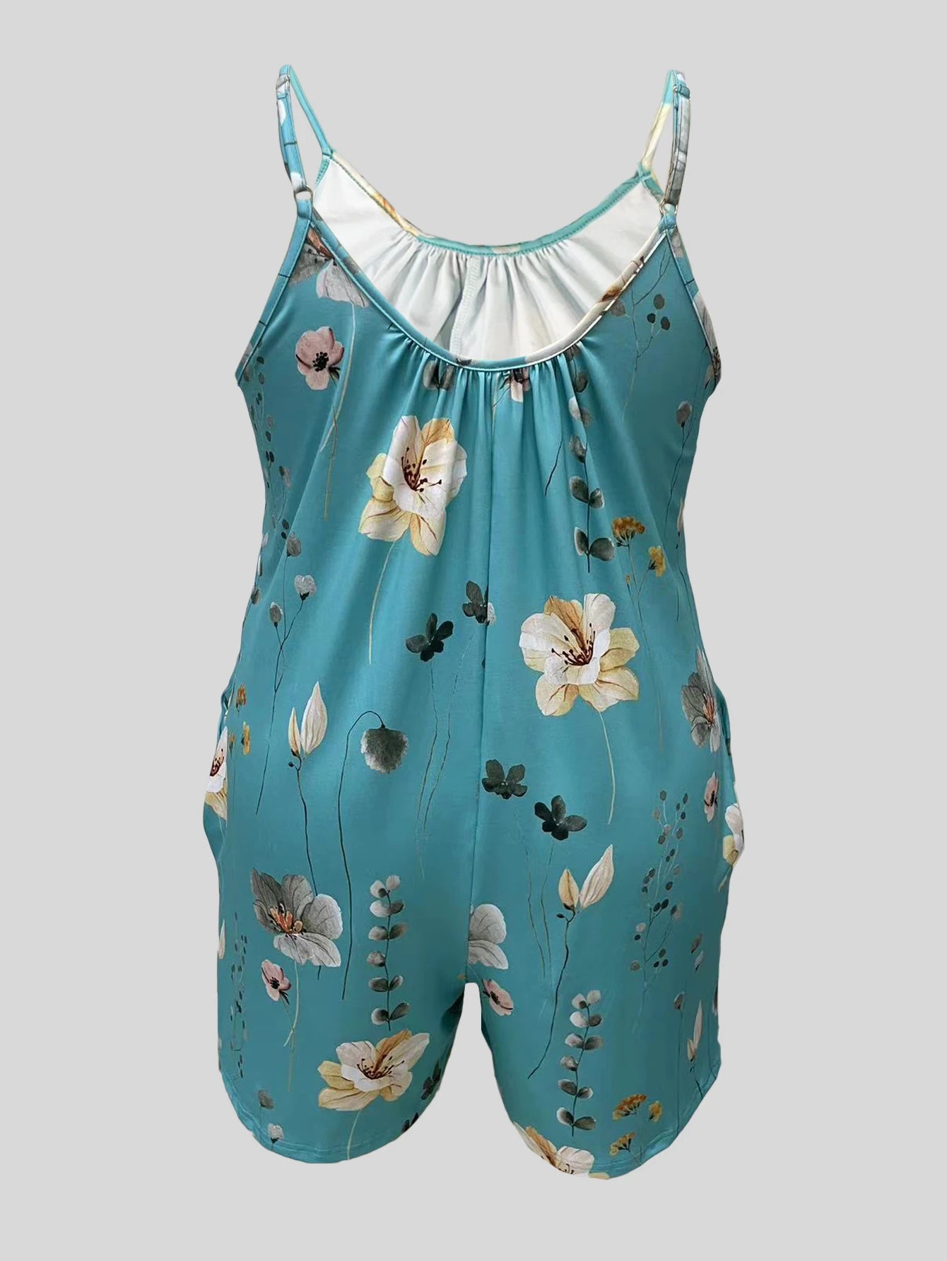 Plus Size Allover Print Romper Jumpsuit, Casual Pocket Ruched Sleeveless Romper.