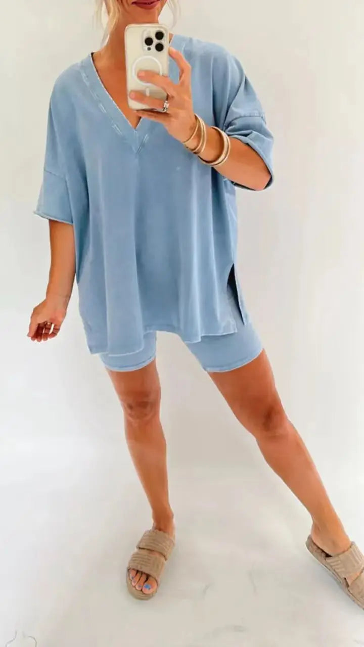Women's Fashion Loose Solid Colour Casual V-neck Two piece Set.  S-3X
