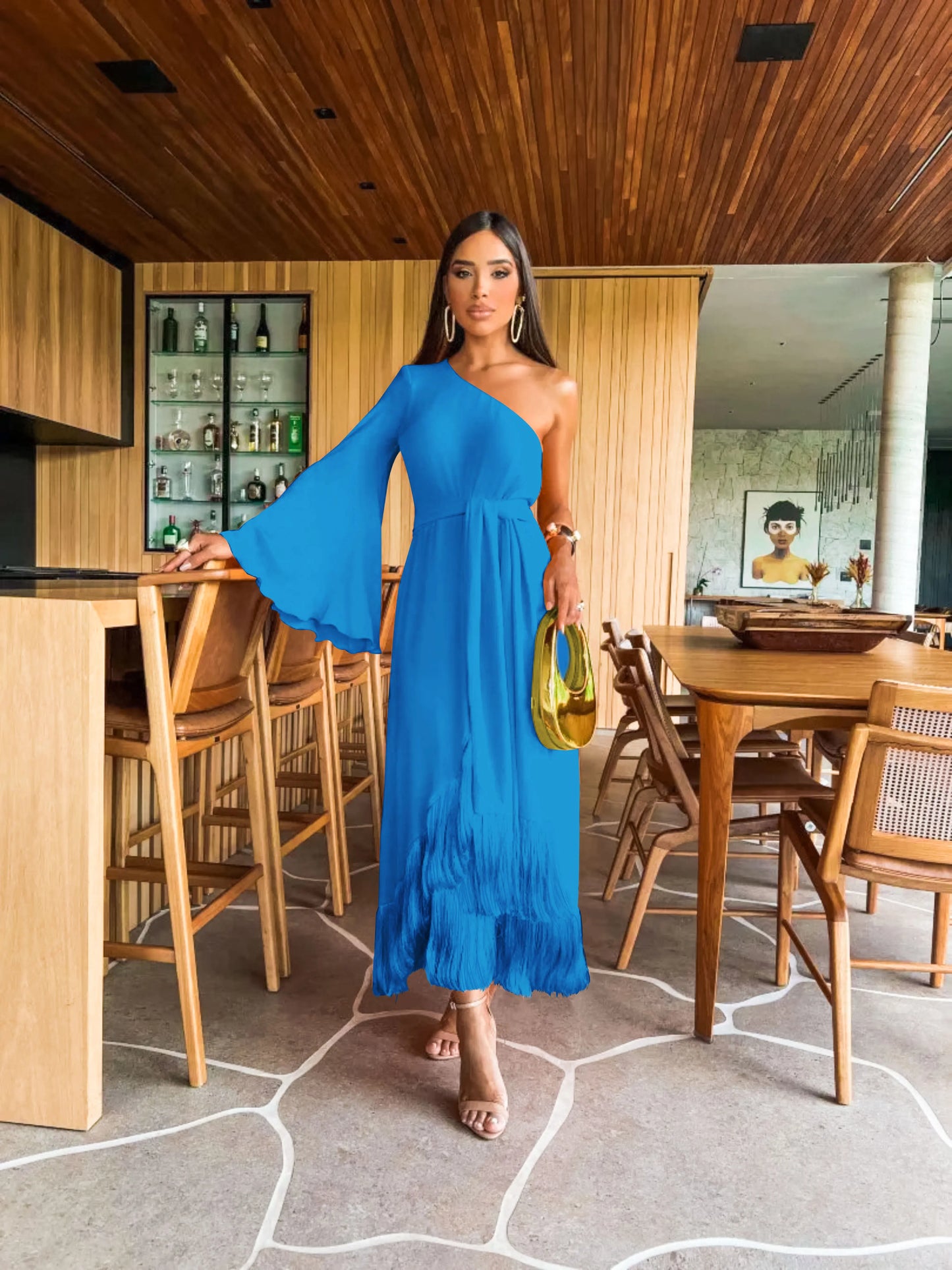 New Solid  Women's One-Shoulder Sexy Lady Long Slit Ruffled Tassel Swing Evening Dress.  S-XL