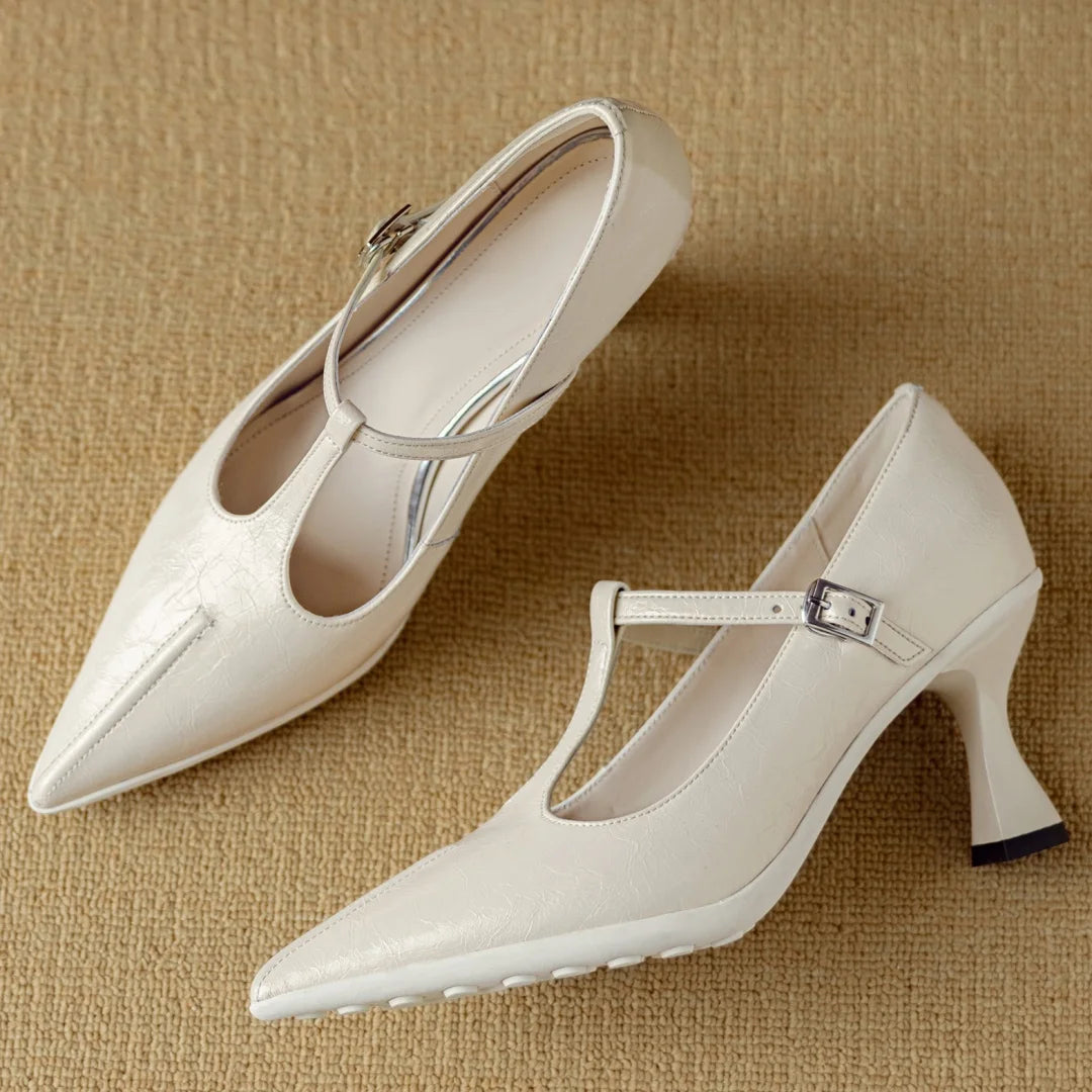 Women's genuine leather pointed toe metal buckle slip-on t-strap pumps elegant ladies 7.5cm thin high heeled daily dress shoes