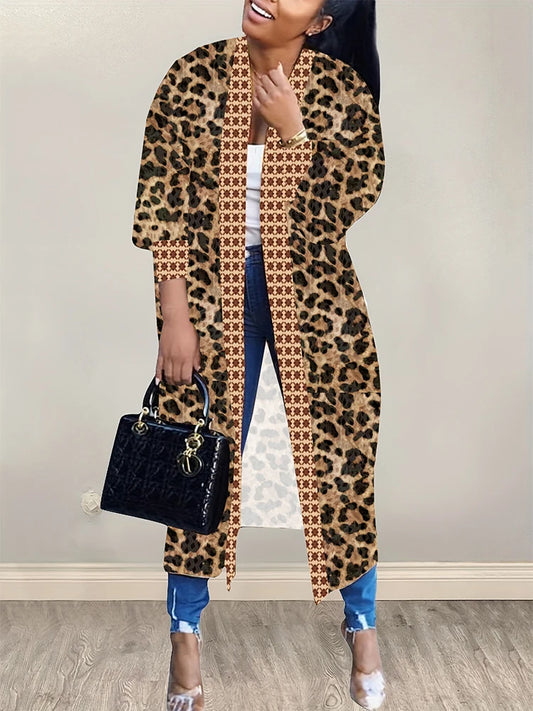Plus Size Leopard Print Cardigan Loose Women's Long Windproof Fashion