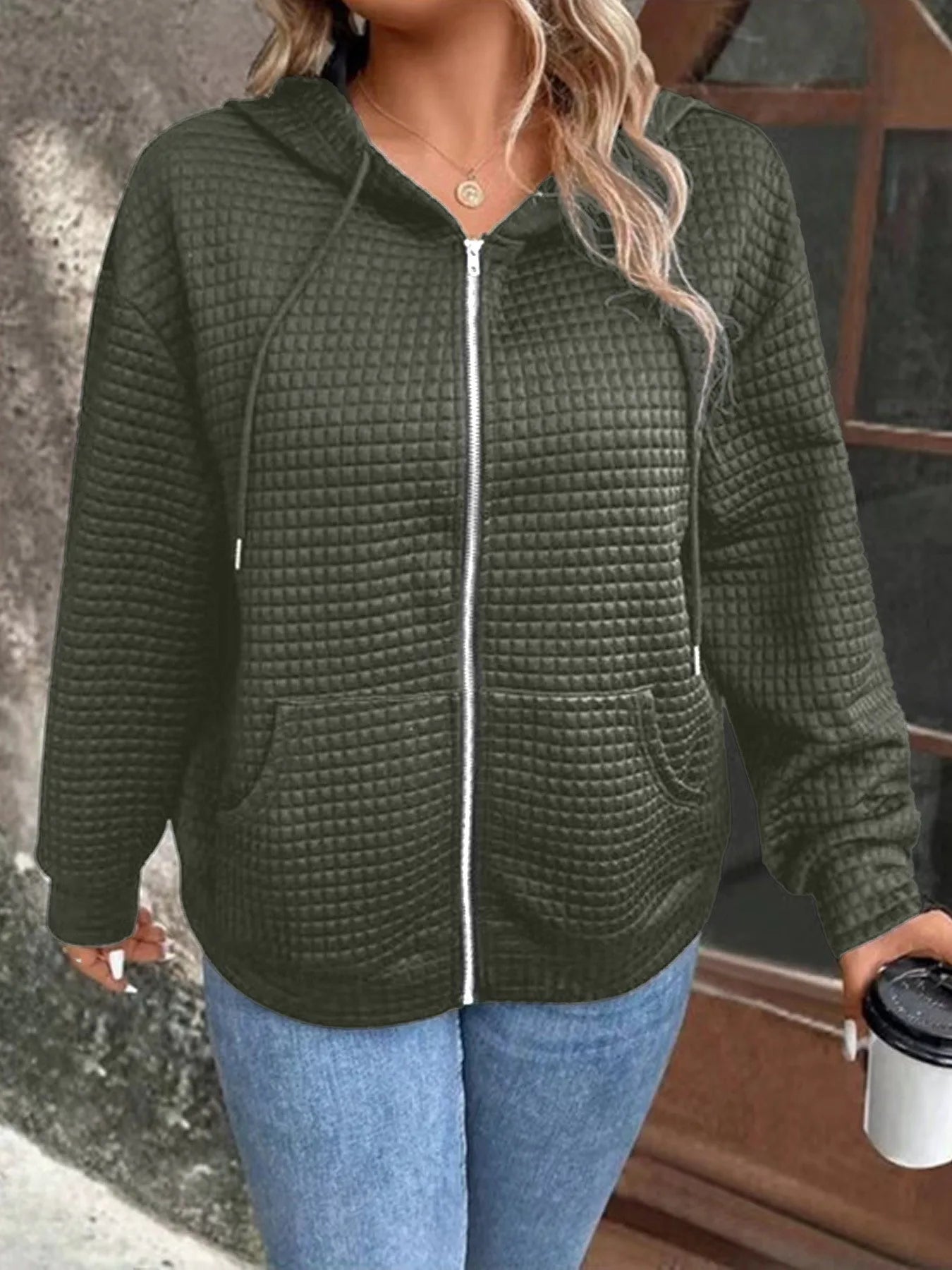 European plus size autumn new casual solid colour pocket hooded jacket