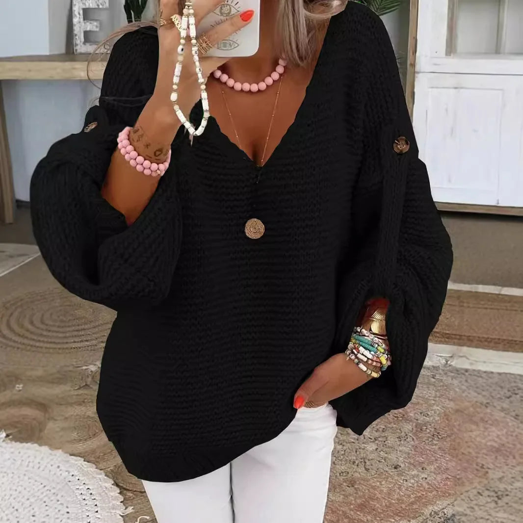 Casual Knitted V Neck Sweater Fall Winter Fashion Button Warm Quality Solid Adjustable Long Sleeve Pullover.  S-2X