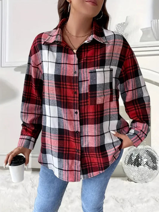 Plus Size Women's Plaid Top Long Sleeved Casual Shirt