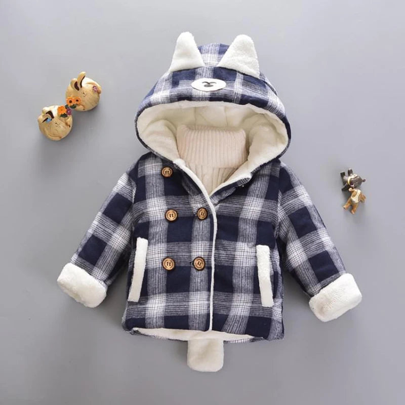 Keep Warm Autumn Winter Boys Coats Cotton Thicken Baby Jacket Fashion Plaid Hooded Children Outerwear 1 2 3 4 Years Kids Clothes