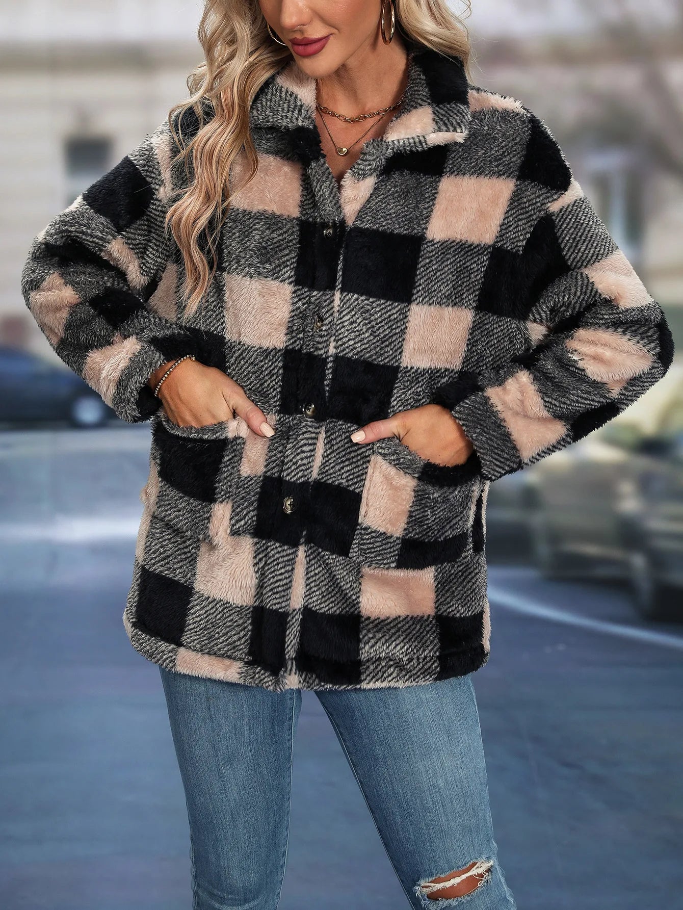 Cross border European autumn/winter square plaid lapel women's coat