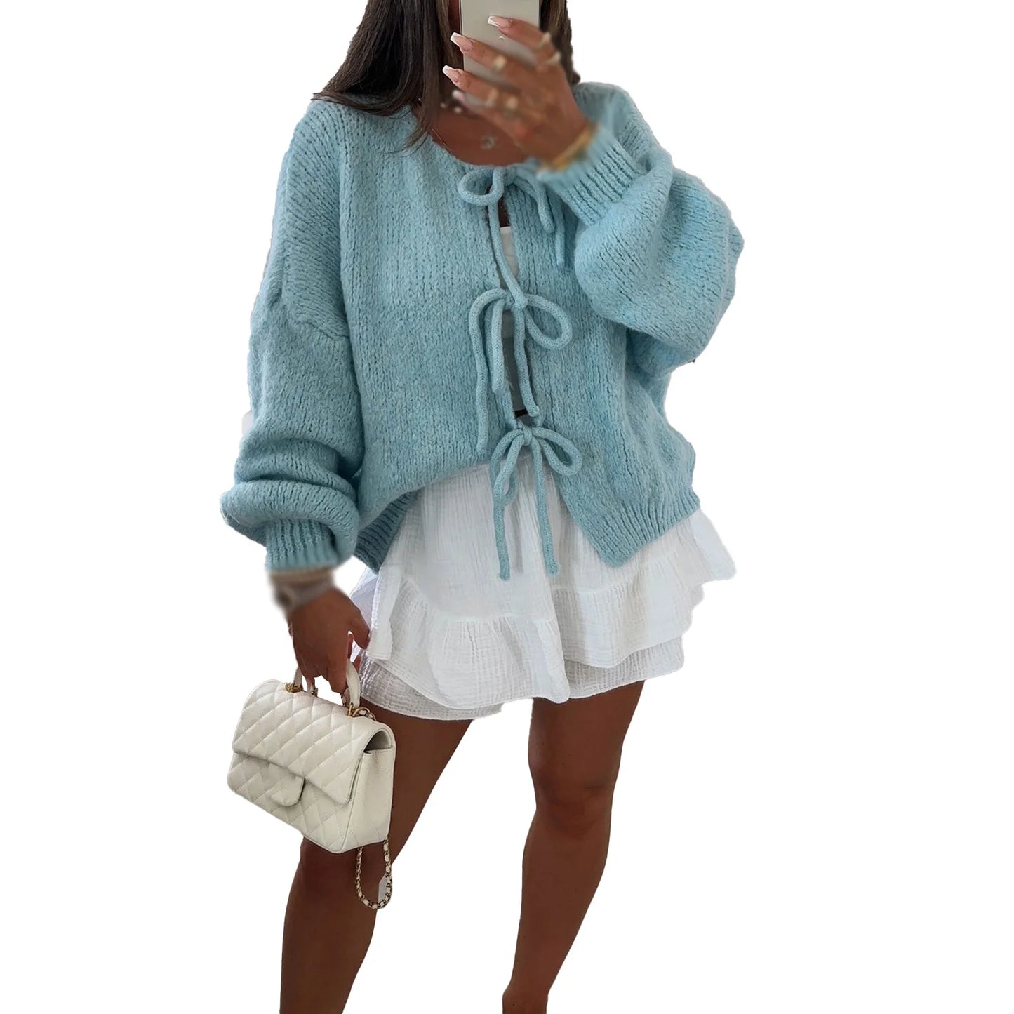 Knitwear Lace-Up Hollow Out Cardigan Fashion.