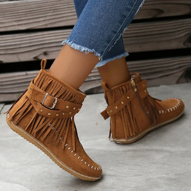 Bohemian Style Tassel Faux Suede Buckle Strap Short Boot.