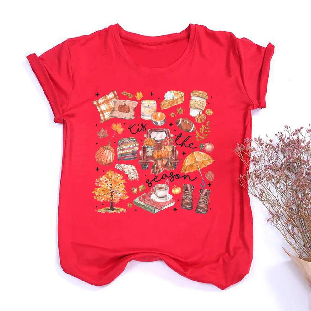 Women's Fall Shirt Pumpkin Season Short Sleeves Fashion Fall Harvest  Tshirt .  S-2X