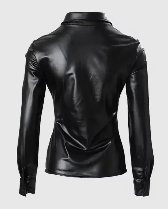 Women's Faux Leather Button Front Shirt with Ruched Lapel Collar Stylish and Comfortable Long Sleeve Top