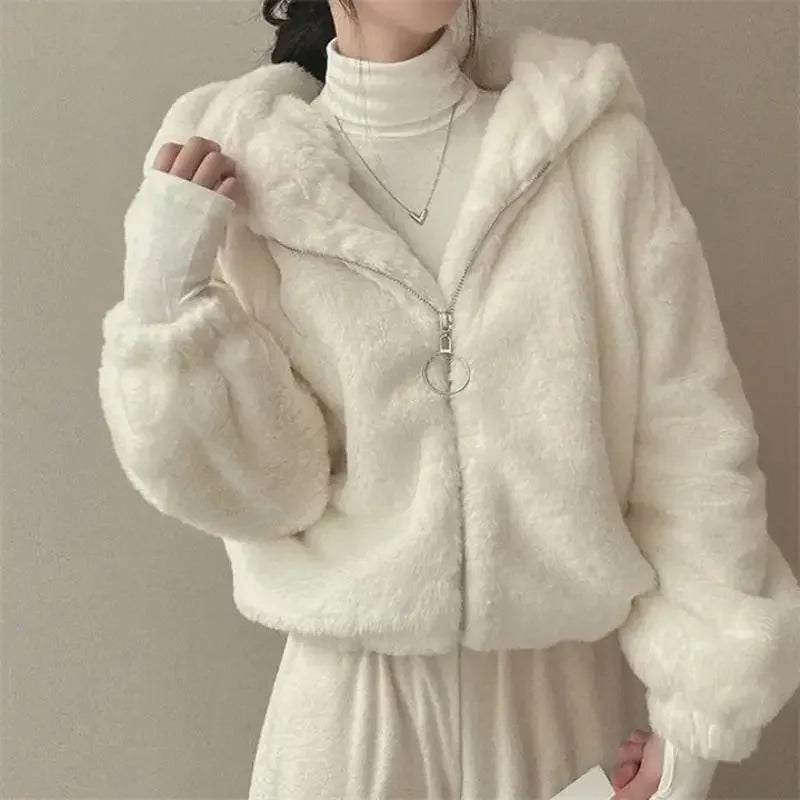 New Fashion Hooded Plush Thick Jacket Women's Padded Thickened Zipper Warm Short Cute Coat.  S-XXL
