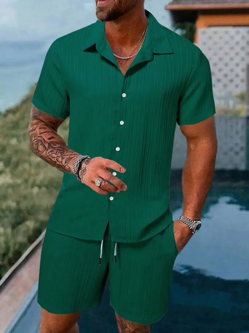 Spring and summer European Style new men's striped jacquard loose shorts and shirt set.   S-3x