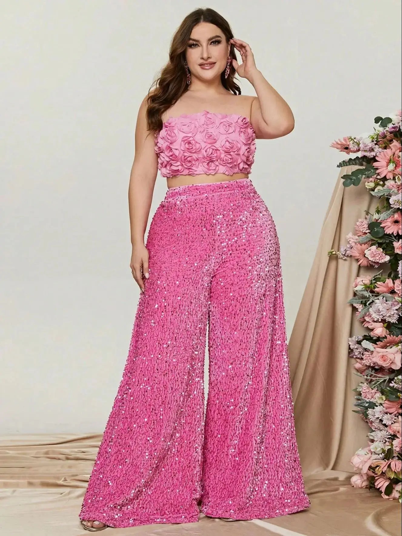 Plus Size Tube Top 3D Flower and Sequin Suit